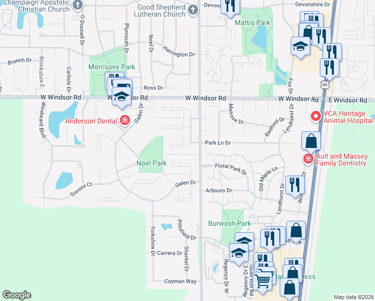 map of restaurants, bars, coffee shops, grocery stores, and more near 2603 South Nottingham Court in Champaign