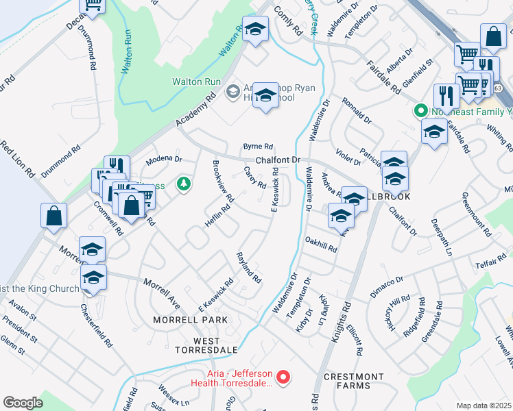 map of restaurants, bars, coffee shops, grocery stores, and more near 10902 Carey Place in Philadelphia