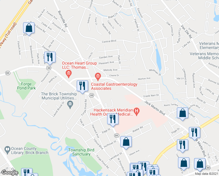 map of restaurants, bars, coffee shops, grocery stores, and more near 495 Jack Martin Boulevard in Brick Township