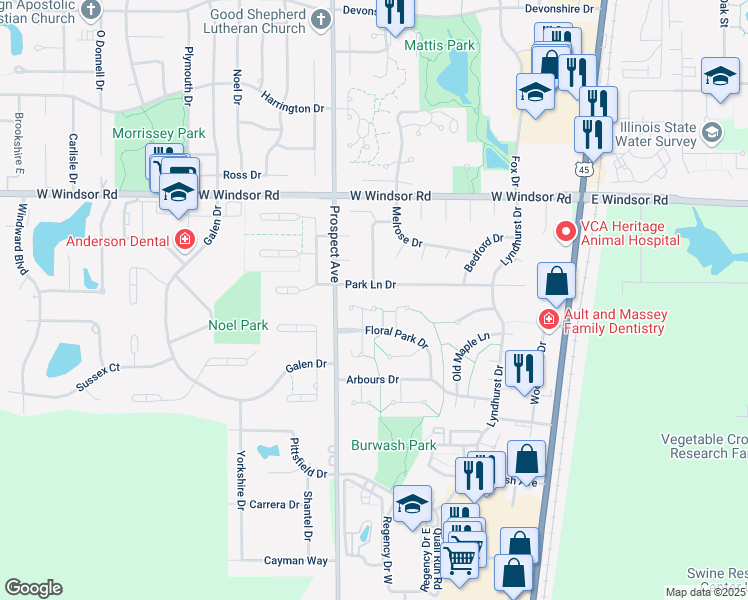map of restaurants, bars, coffee shops, grocery stores, and more near 9 Hale Haven Court in Savoy