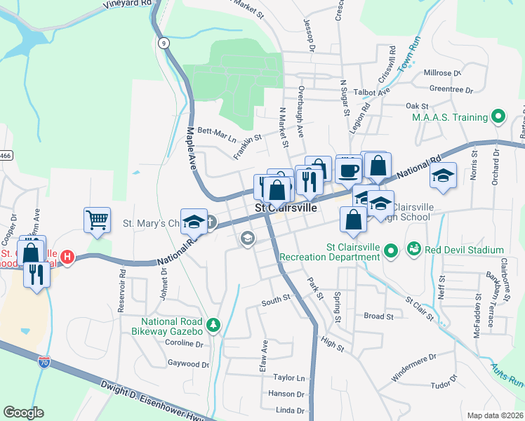 map of restaurants, bars, coffee shops, grocery stores, and more near 171 West Main Street in St. Clairsville