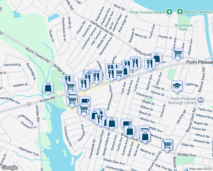 map of restaurants, bars, coffee shops, grocery stores, and more near 806 Northstream Parkway in Point Pleasant
