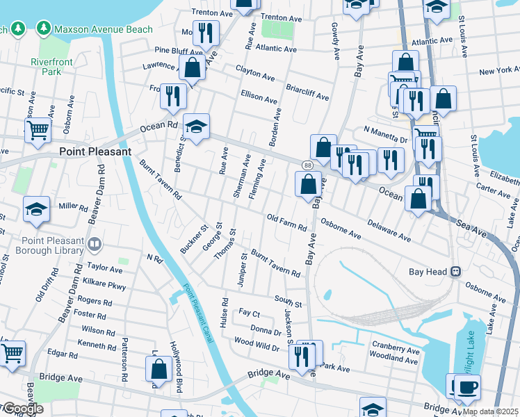 map of restaurants, bars, coffee shops, grocery stores, and more near 1235 Barbour Avenue in Point Pleasant