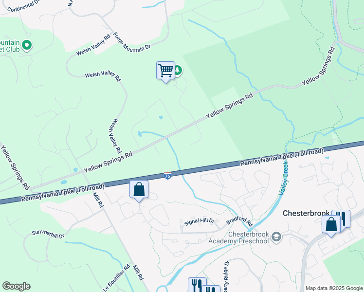 map of restaurants, bars, coffee shops, grocery stores, and more near 1876 Covered Bridge Road in Malvern