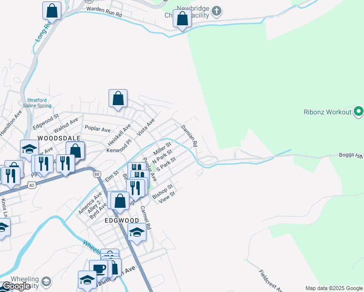 map of restaurants, bars, coffee shops, grocery stores, and more near 155 North Park Street in Wheeling