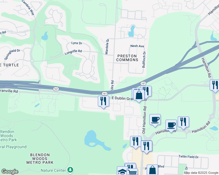 map of restaurants, bars, coffee shops, grocery stores, and more near 5335 Ulry Road in Westerville