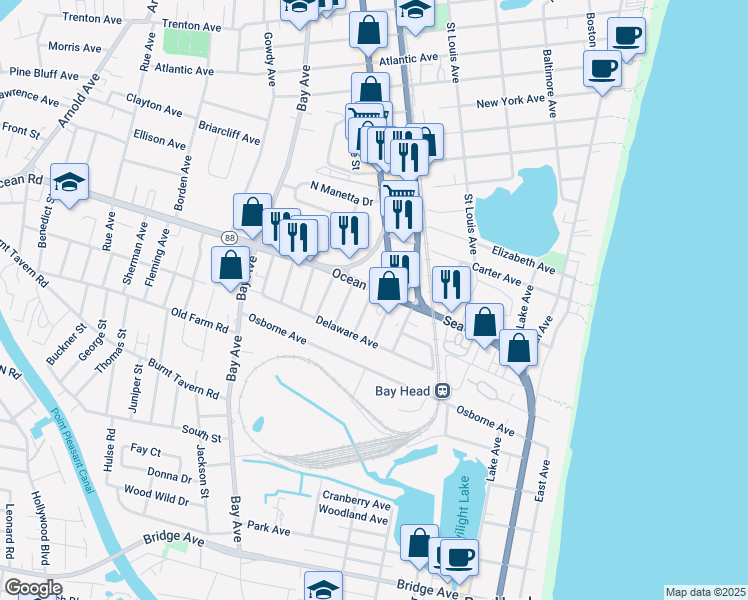map of restaurants, bars, coffee shops, grocery stores, and more near 604 Ocean Avenue in Point Pleasant Beach