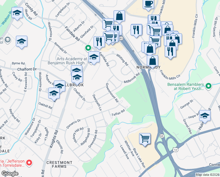map of restaurants, bars, coffee shops, grocery stores, and more near 11802 Millbrook Road in Philadelphia