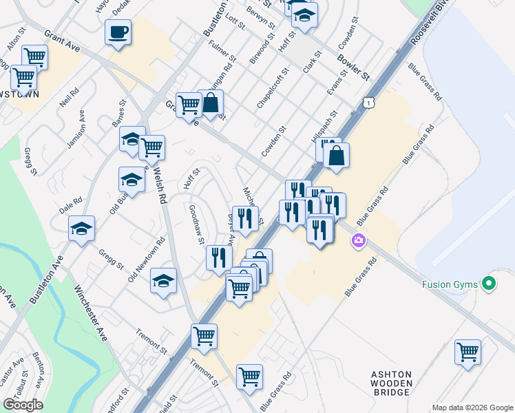 map of restaurants, bars, coffee shops, grocery stores, and more near 2210 Michener Street in Philadelphia