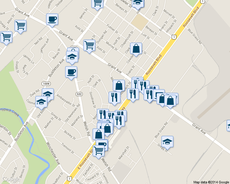 map of restaurants, bars, coffee shops, grocery stores, and more near 2210 Michener Street in Philadelphia
