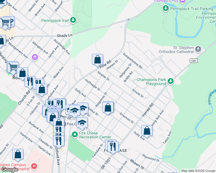 map of restaurants, bars, coffee shops, grocery stores, and more near 8323 Ridgeway Street in Philadelphia