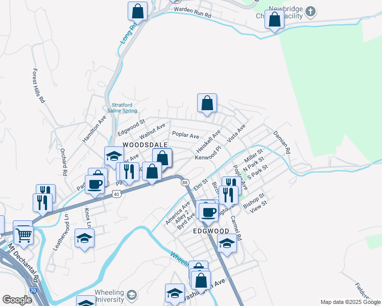 map of restaurants, bars, coffee shops, grocery stores, and more near 3 Kenwood Place in Wheeling