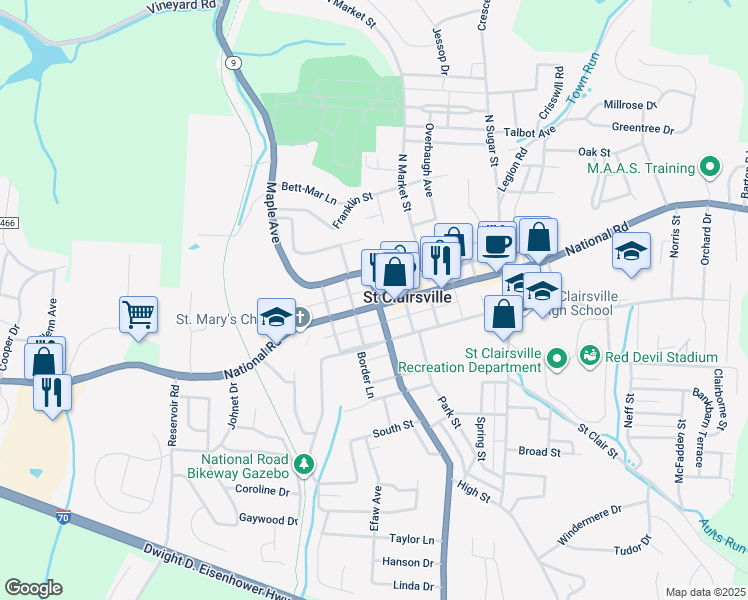 map of restaurants, bars, coffee shops, grocery stores, and more near in Saint Clairsville