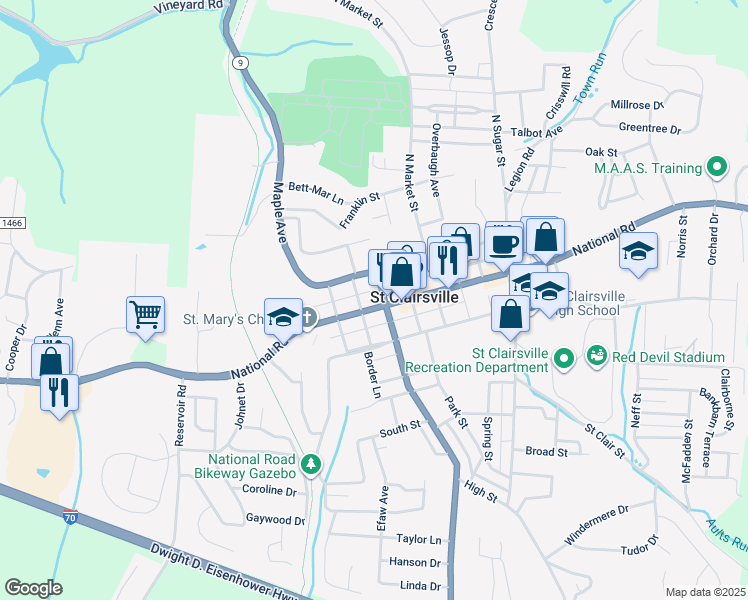 map of restaurants, bars, coffee shops, grocery stores, and more near 187 West Main Street in Saint Clairsville