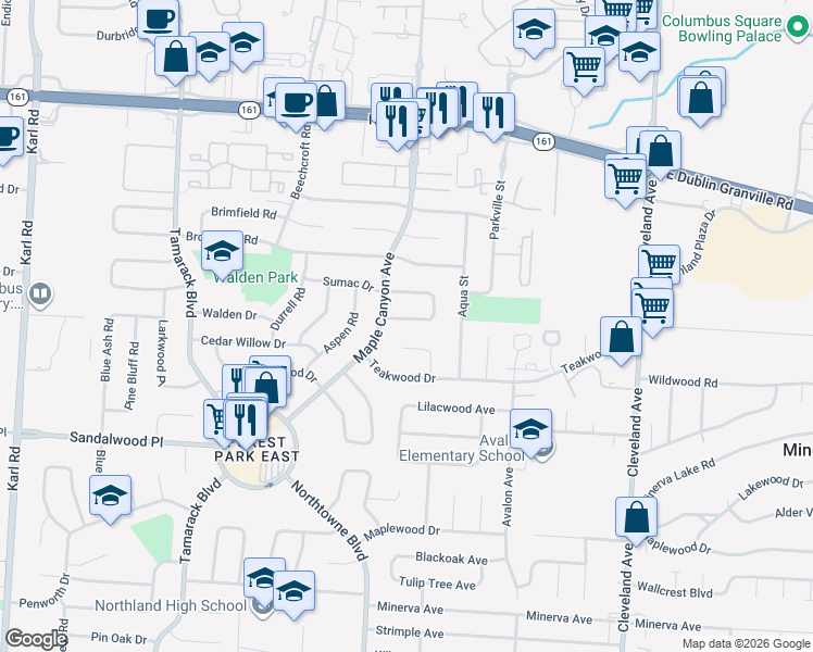 map of restaurants, bars, coffee shops, grocery stores, and more near 2133 Sumac Loop South in Columbus
