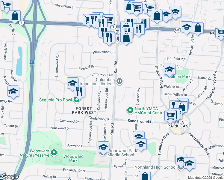 map of restaurants, bars, coffee shops, grocery stores, and more near 5554 Karl Road in Columbus