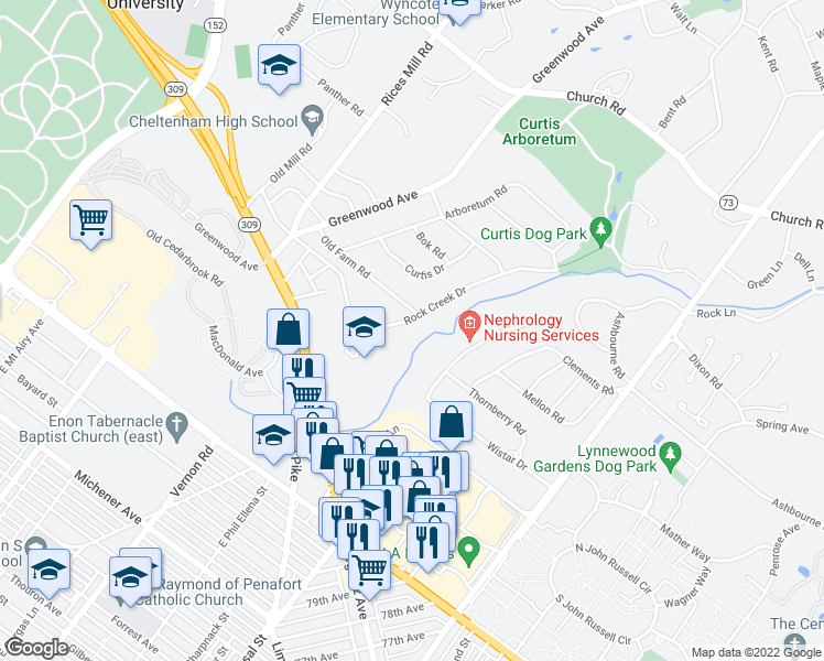 map of restaurants, bars, coffee shops, grocery stores, and more near 1120 Rock Creek Drive in Wyncote