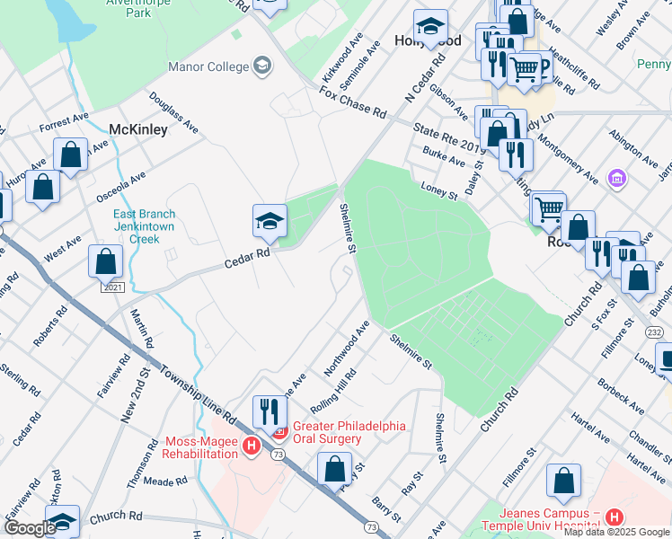 map of restaurants, bars, coffee shops, grocery stores, and more near 1103 Valley Glen Road in Elkins Park