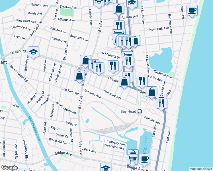 map of restaurants, bars, coffee shops, grocery stores, and more near 1213 Dallas Street in Point Pleasant