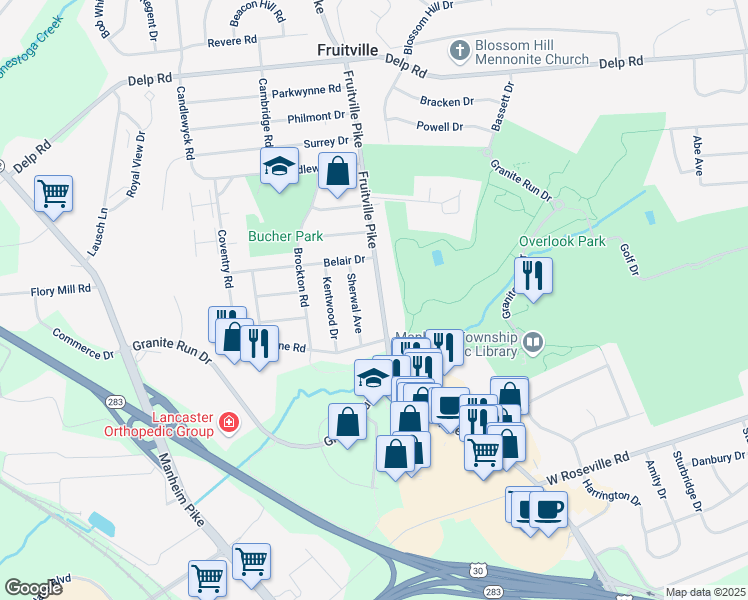 map of restaurants, bars, coffee shops, grocery stores, and more near 2136 Fruitville Pike in Lancaster
