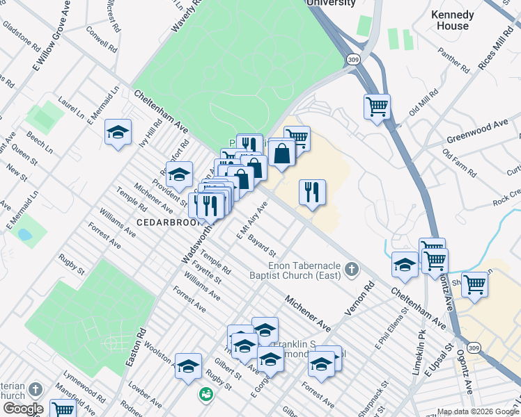 map of restaurants, bars, coffee shops, grocery stores, and more near 1651 E Mt Airy Ave in Philadelphia