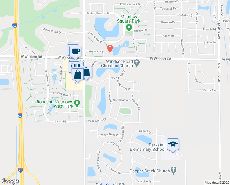 map of restaurants, bars, coffee shops, grocery stores, and more near 2609 Cherry Creek Road in Champaign