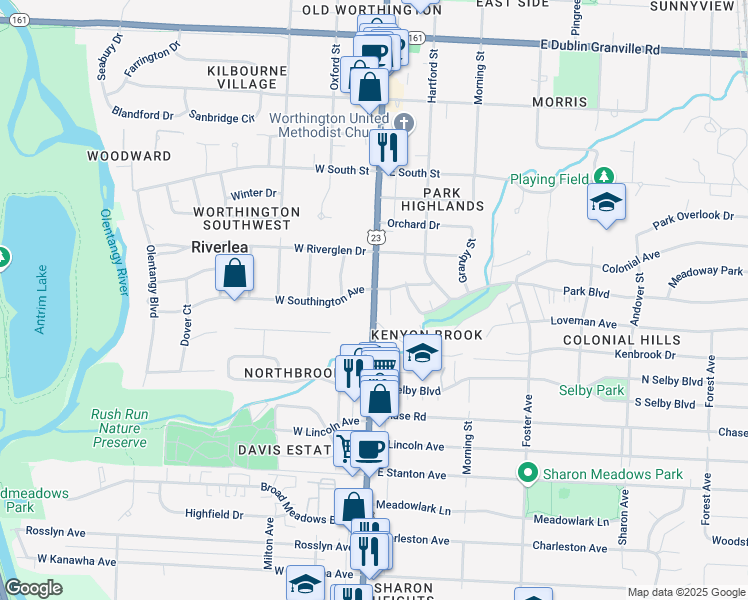 map of restaurants, bars, coffee shops, grocery stores, and more near 5751 North High Street in Worthington