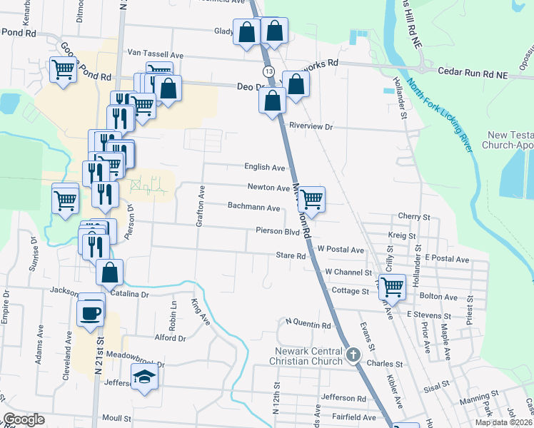 map of restaurants, bars, coffee shops, grocery stores, and more near 200 Pierson Boulevard in Newark