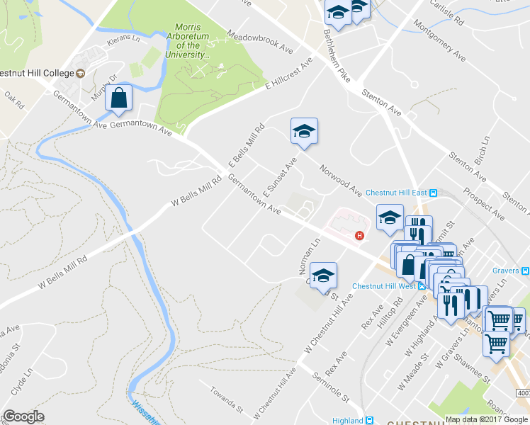 map of restaurants, bars, coffee shops, grocery stores, and more near 9026 Germantown Avenue in Philadelphia