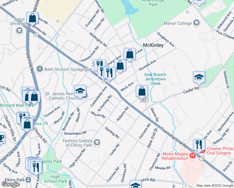 map of restaurants, bars, coffee shops, grocery stores, and more near 846 Township Line Road in Elkins Park