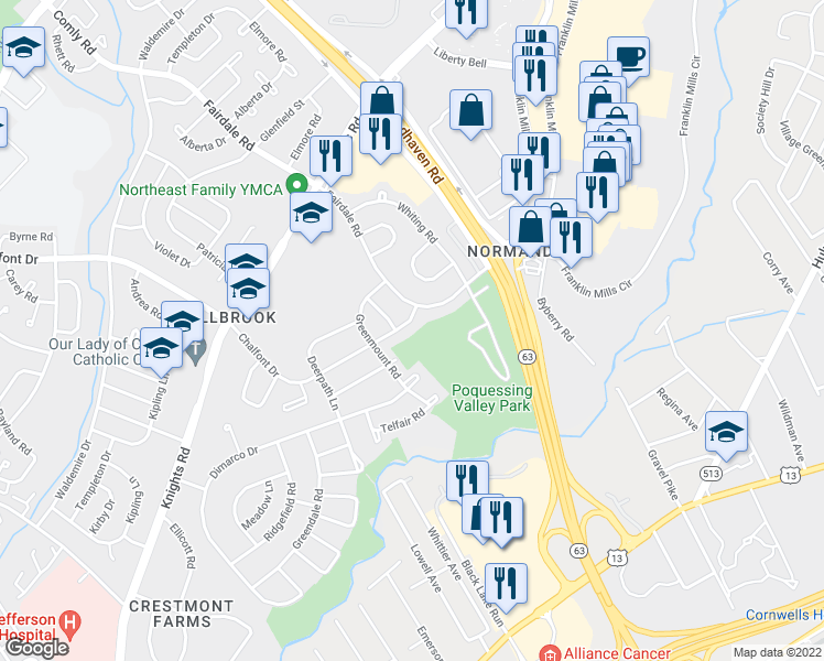 map of restaurants, bars, coffee shops, grocery stores, and more near 11919 Millbrook Road in Philadelphia