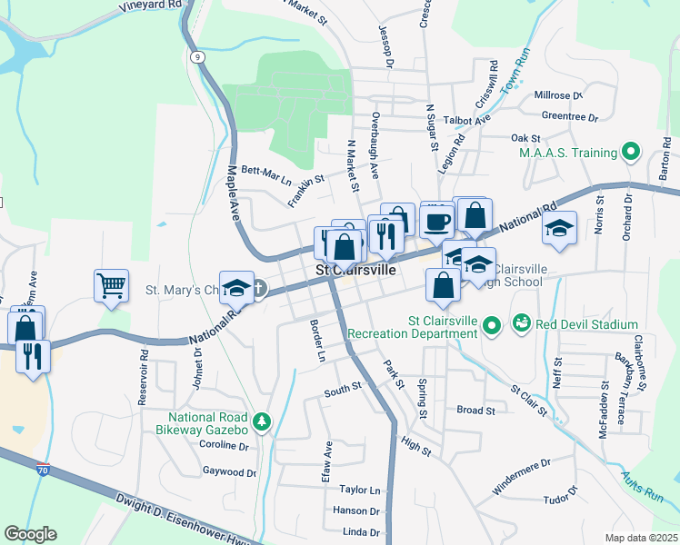 map of restaurants, bars, coffee shops, grocery stores, and more near in Saint Clairsville