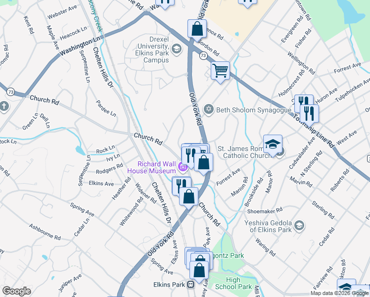 map of restaurants, bars, coffee shops, grocery stores, and more near 8208 Westminster Road in Elkins Park
