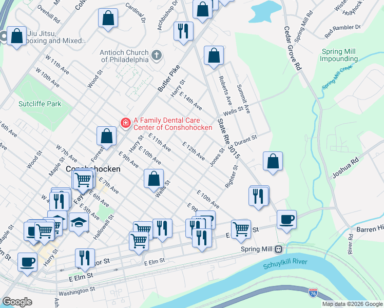 map of restaurants, bars, coffee shops, grocery stores, and more near 240 East 11th Avenue in Conshohocken