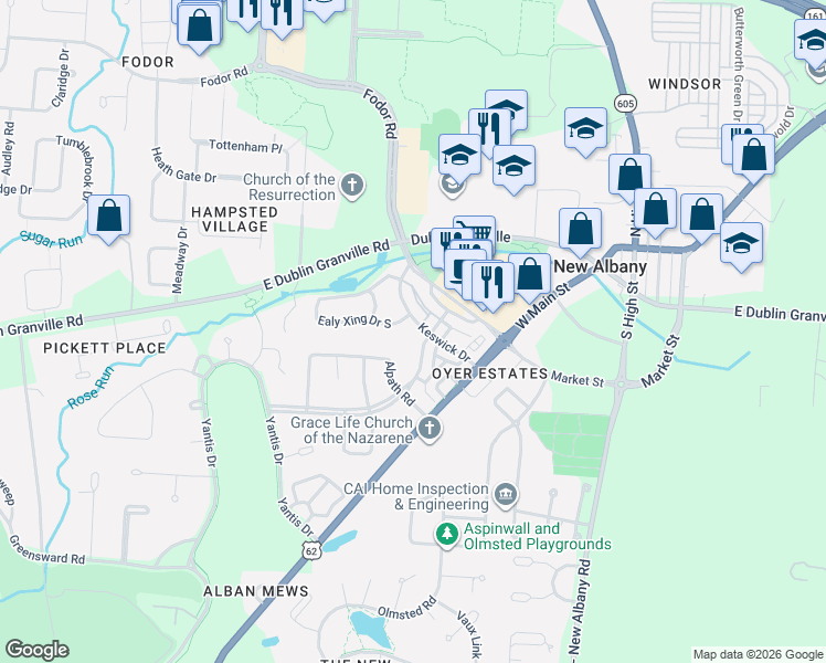map of restaurants, bars, coffee shops, grocery stores, and more near 21 Ealy Crossing South in New Albany