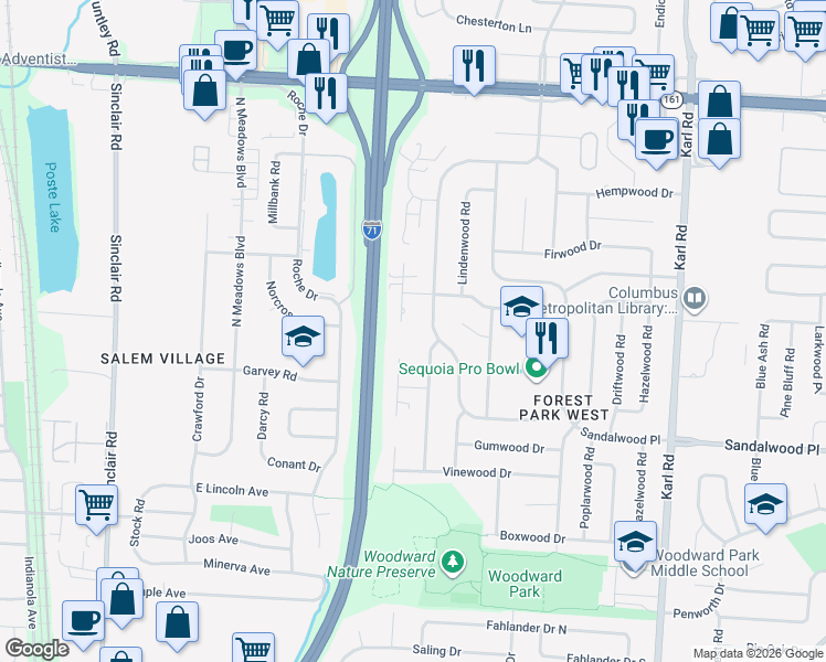 map of restaurants, bars, coffee shops, grocery stores, and more near 5590 Ironwood Court in Columbus