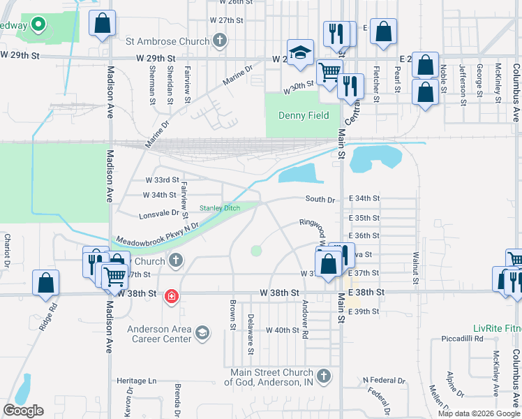 map of restaurants, bars, coffee shops, grocery stores, and more near 3420 Brown Street in Anderson
