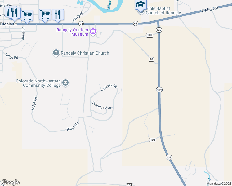 map of restaurants, bars, coffee shops, grocery stores, and more near 1340 La Mesa Circle in Rangely