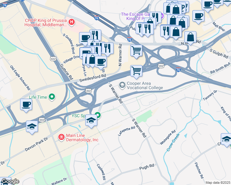 map of restaurants, bars, coffee shops, grocery stores, and more near 151 South Warner Road in Wayne
