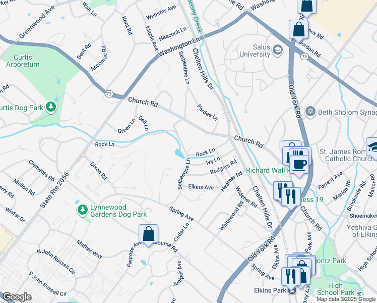 map of restaurants, bars, coffee shops, grocery stores, and more near 845 Rock Lane in Elkins Park