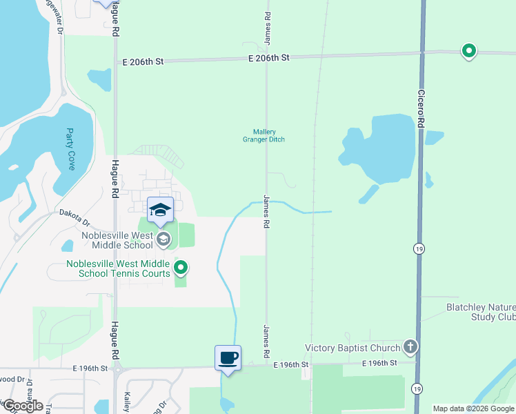 map of restaurants, bars, coffee shops, grocery stores, and more near 20101 James Road in Noblesville