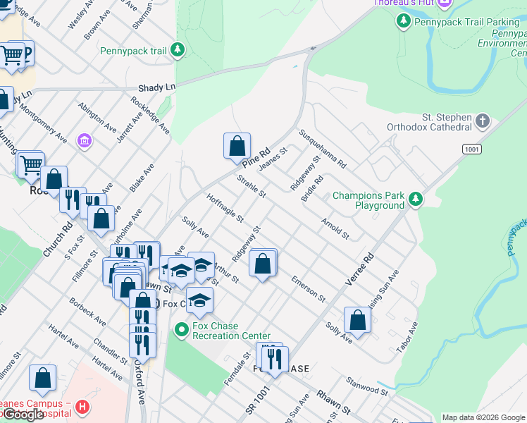 map of restaurants, bars, coffee shops, grocery stores, and more near 8323 Ridgeway Street in Philadelphia