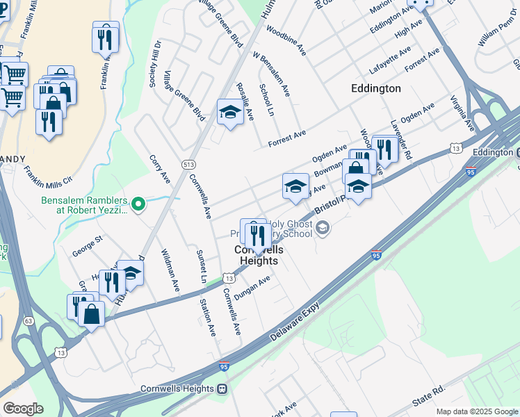 map of restaurants, bars, coffee shops, grocery stores, and more near 1112 Clovernook Avenue in Bensalem