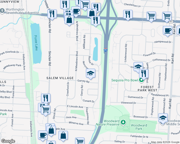 map of restaurants, bars, coffee shops, grocery stores, and more near 5583 Norcross Rd in Columbus