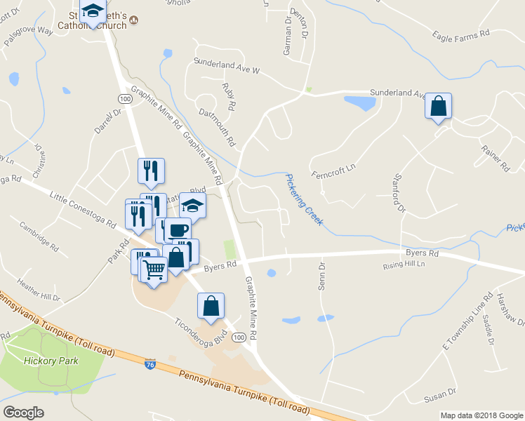 map of restaurants, bars, coffee shops, grocery stores, and more near 1 Granite Lane in Chester Springs