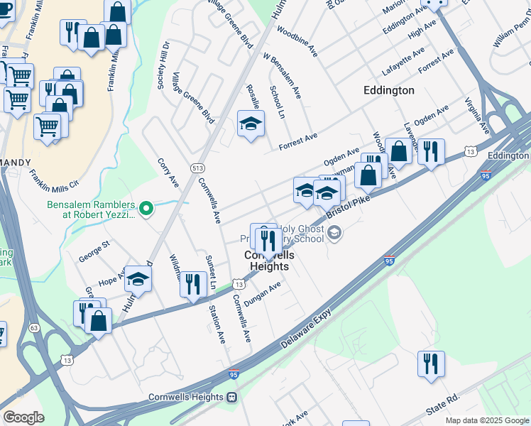 map of restaurants, bars, coffee shops, grocery stores, and more near 1112 Clovernook Avenue in Bensalem