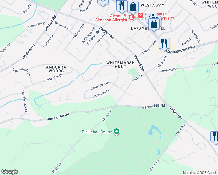 map of restaurants, bars, coffee shops, grocery stores, and more near 2156 Basswood Drive in Lafayette Hill