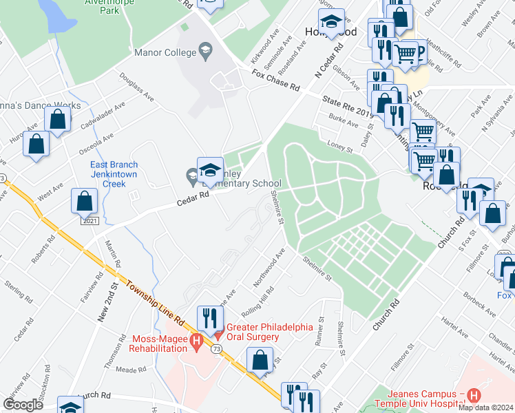 map of restaurants, bars, coffee shops, grocery stores, and more near 1107 Valley Glen Road in Montgomery County