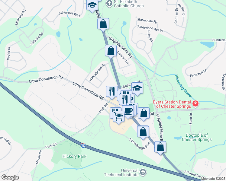 map of restaurants, bars, coffee shops, grocery stores, and more near 160 Park Road in Downingtown