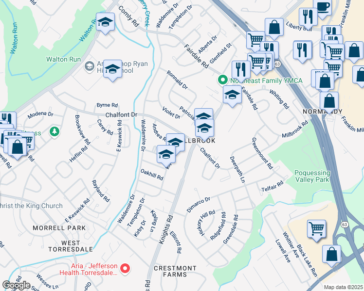 map of restaurants, bars, coffee shops, grocery stores, and more near 3828 Andrea Road in Philadelphia